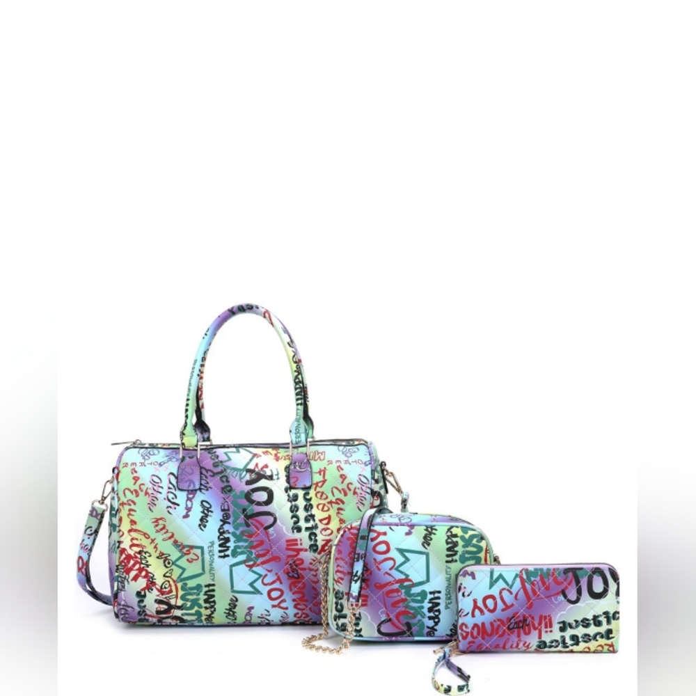 3 pc Green and Purple Graffiti Quilted Bag Set